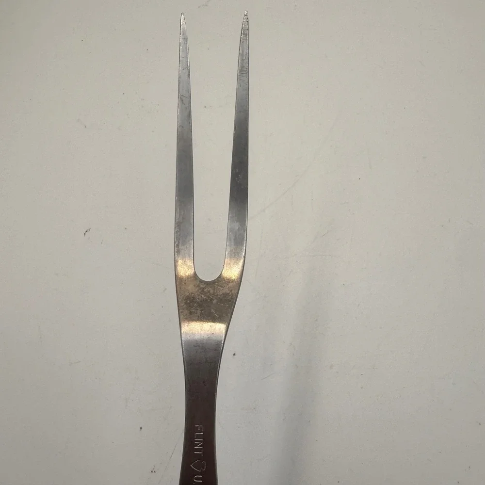 Vintage Flint USA Stainless Steel Carving Fork Wood Handle Arrowhead Logo 11.5in